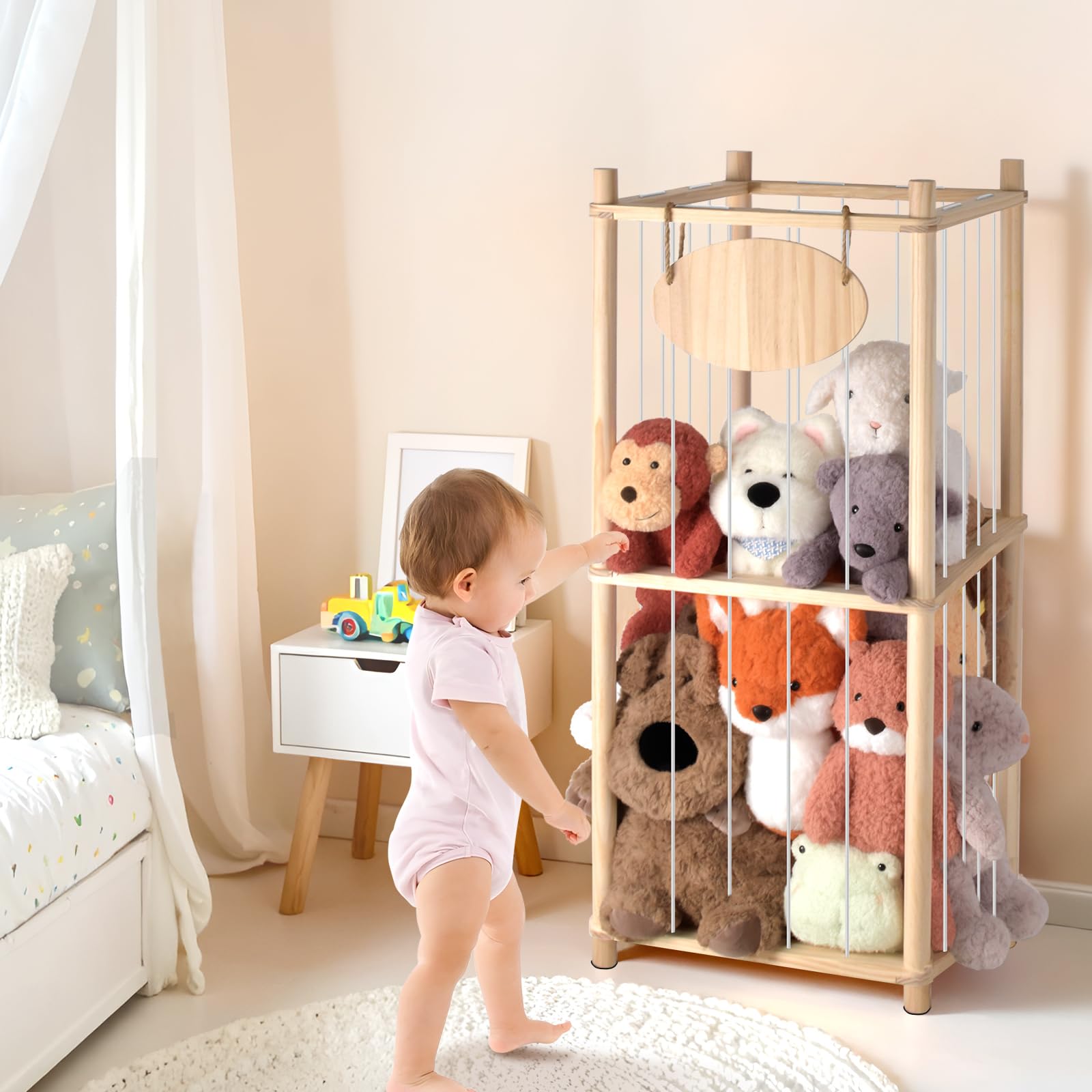 Rhyzoray stuffed-animal-storage-organizer side view demonstrates compact footprint to keep floors clear.