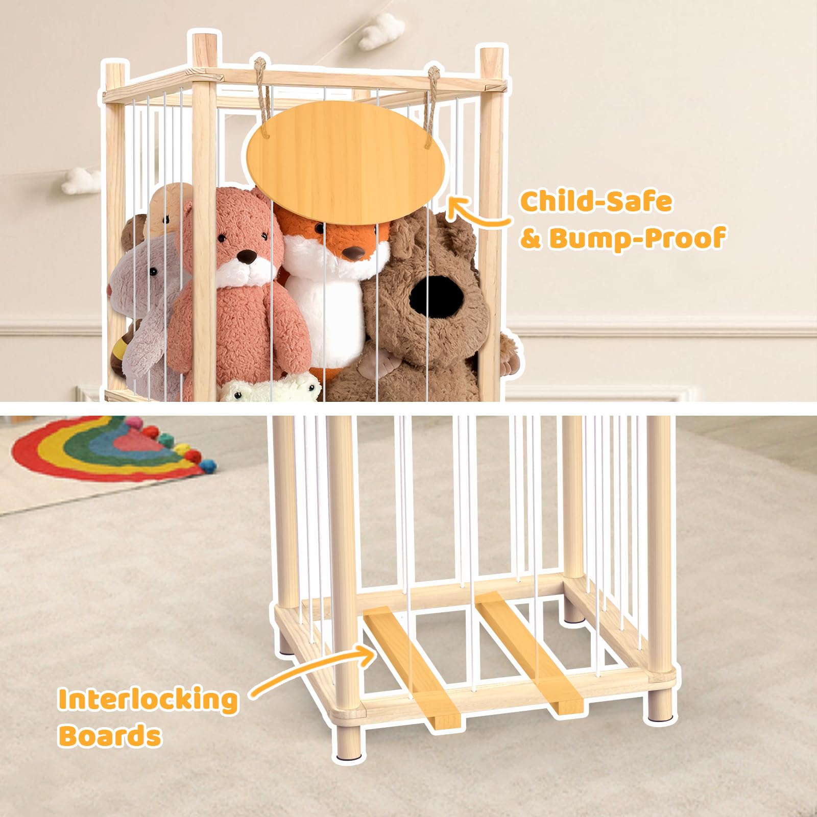 Rhyzoray sturdy wood and steel construction highlights durable, long-lasting storage for plush toys.