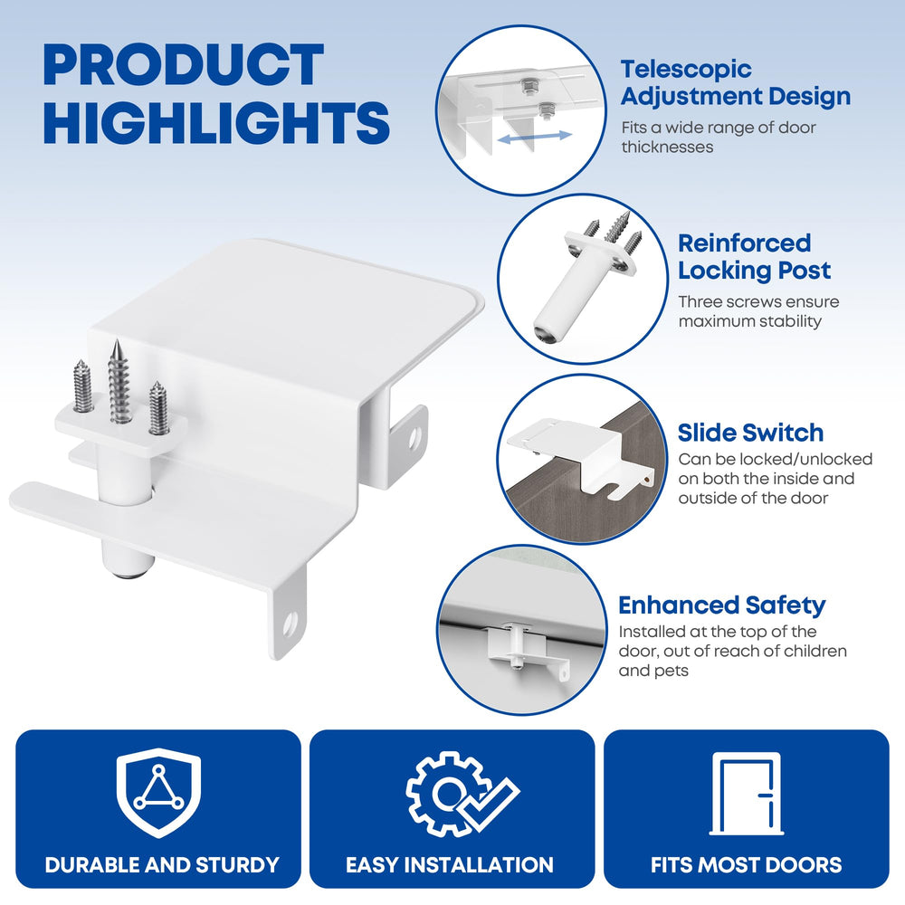 RIAUOR adjustable fit door top lock accommodates most standard doors for safety.