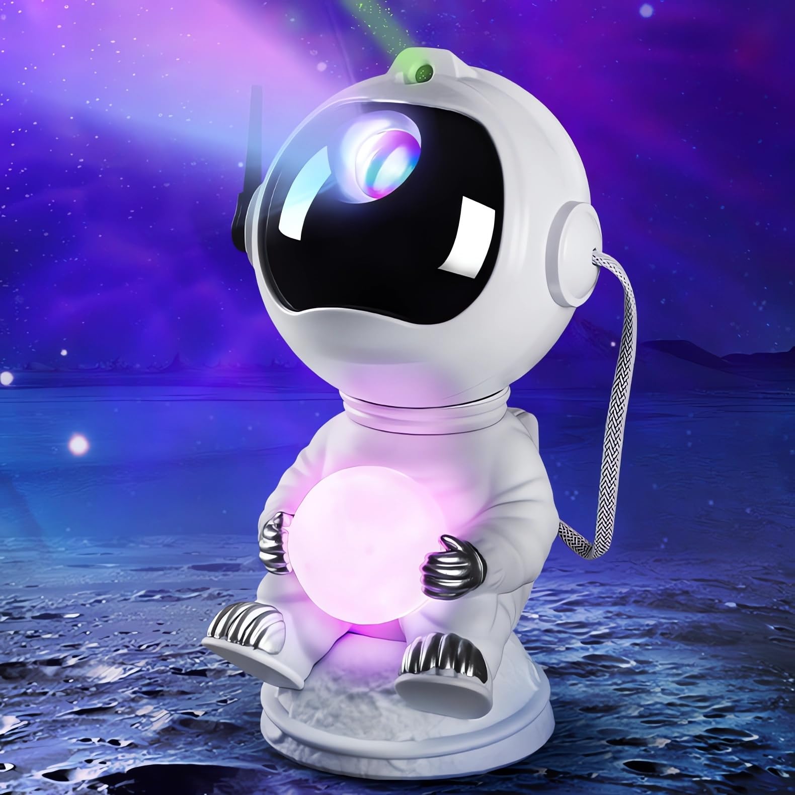 RicecdCAT Spaceman projection on wall creating playful galaxy mood.