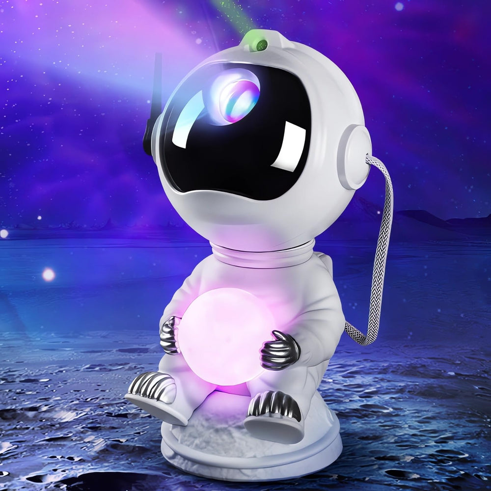 RicecdCAT Spaceman projection on wall creating playful galaxy mood.