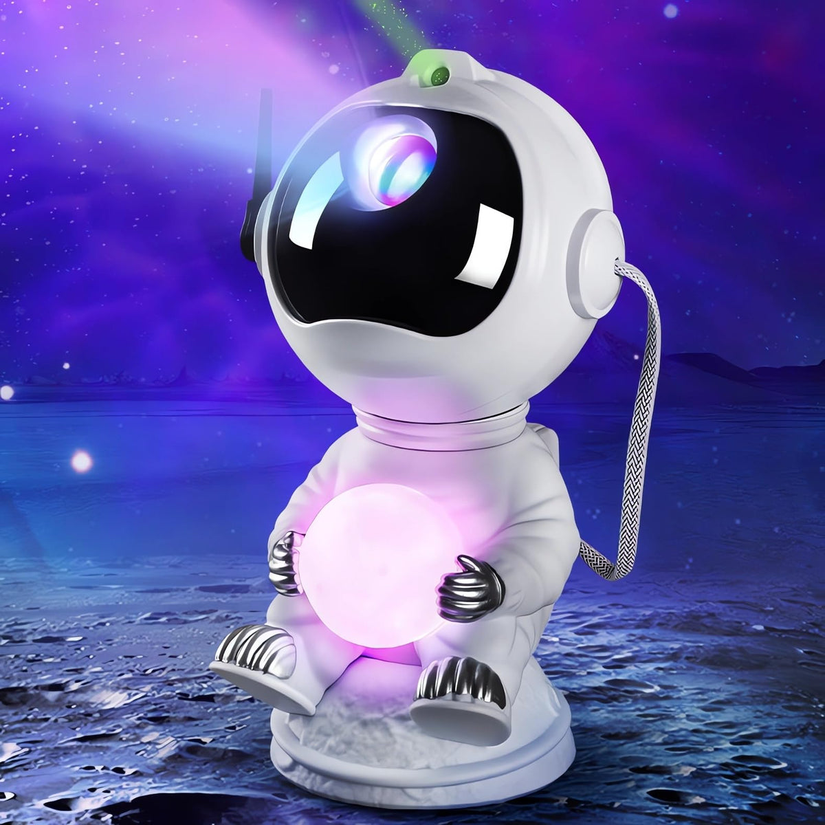 RicecdCAT Spaceman projection on wall creating playful galaxy mood.