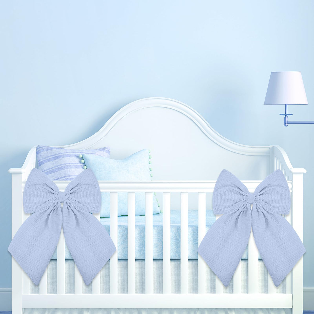 Riceshoot Coquette blue crib bow 11x16 inches ready to tie to crib rails