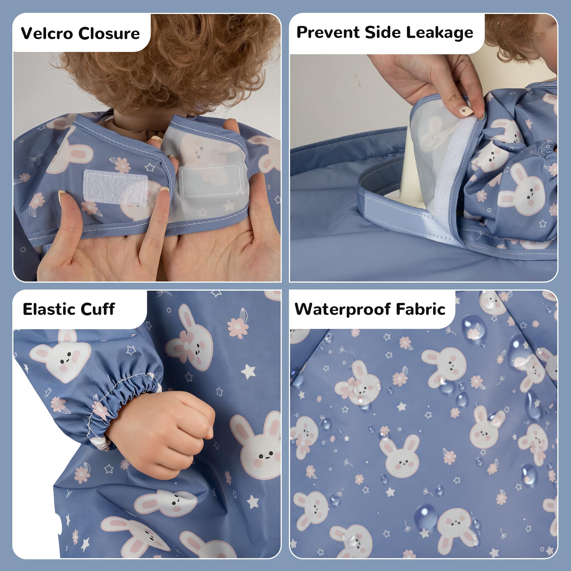 RICHER HOUSE baby feeding bib long sleeves blue closeup shows soft waterproof fabric