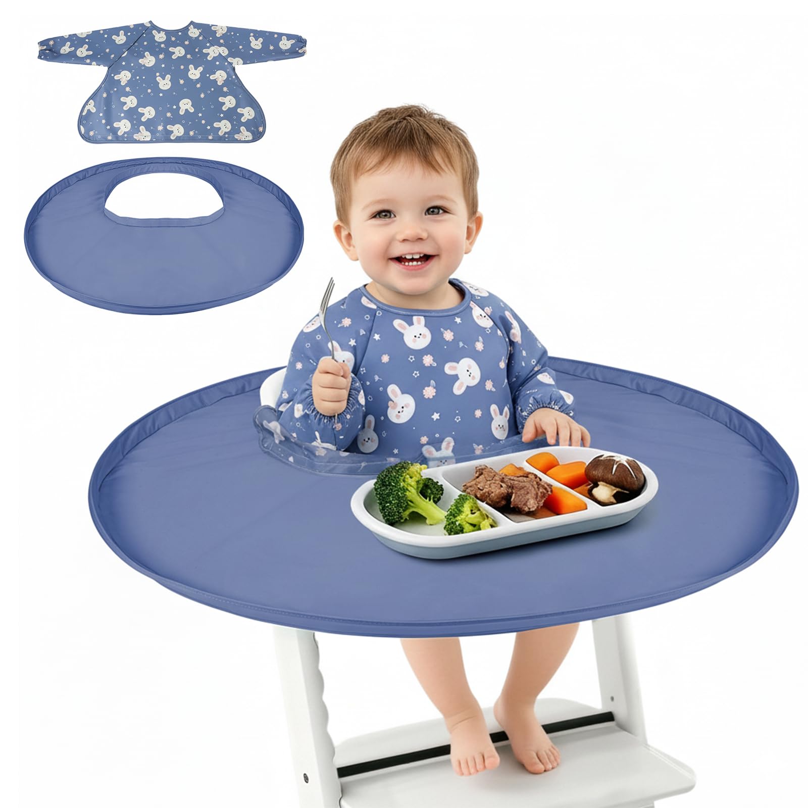 RICHER HOUSE coverall baby feeding bib blue on high chair catching mess during meals