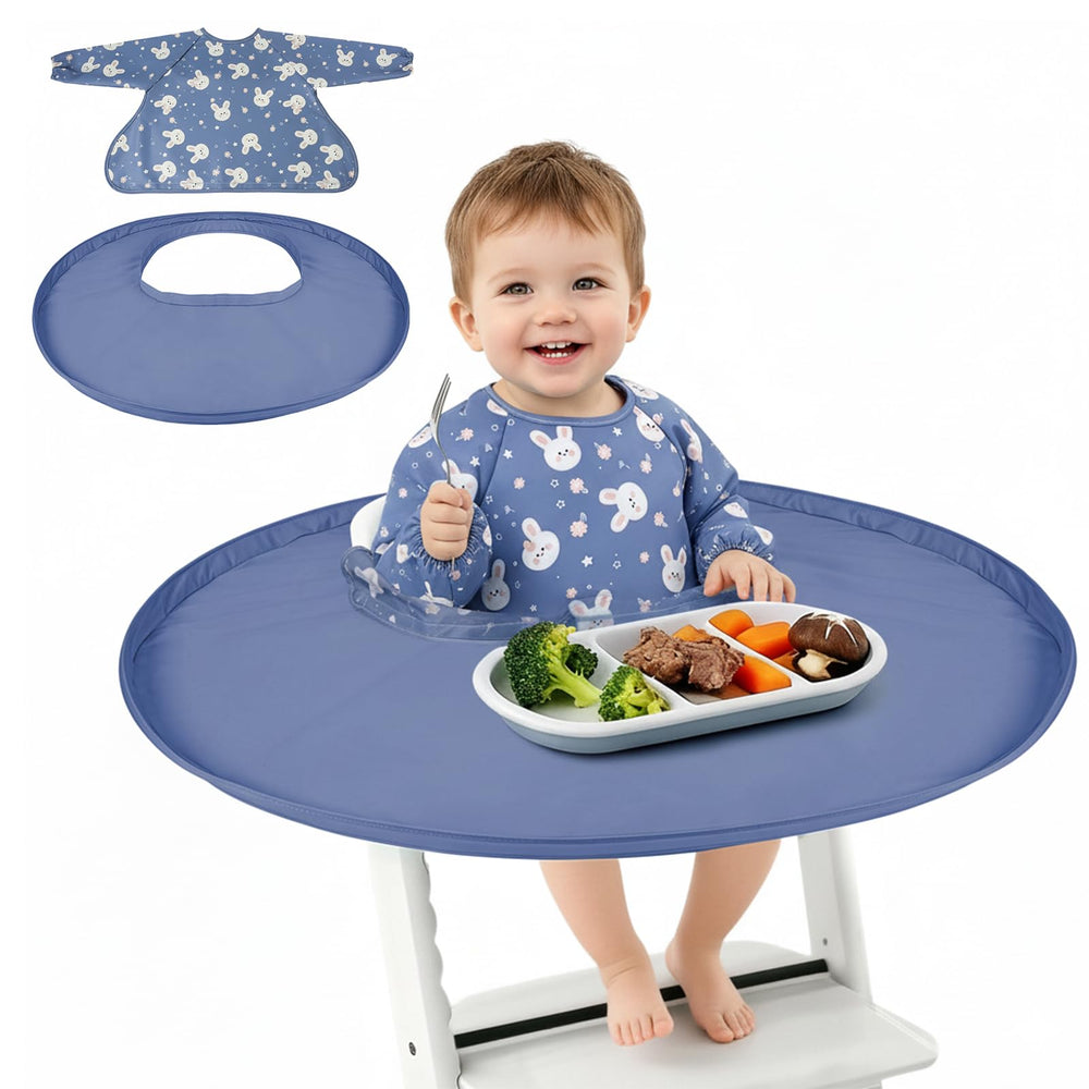RICHER HOUSE coverall baby feeding bib blue on high chair catching mess during meals
