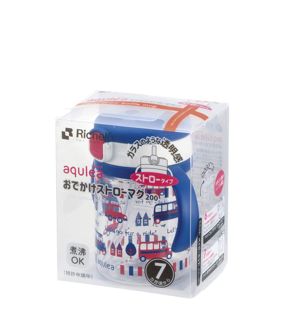 Richell Aqulea outing straw mug 200ml Navy 200ml capacity for quick drinks.