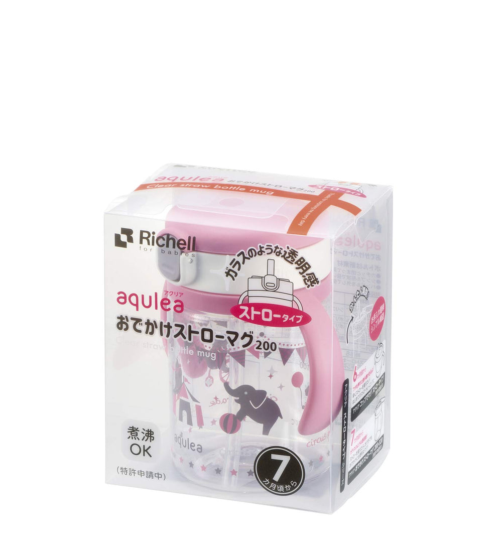 Richell Aqulea Outing Straw Mug pink with sipping showcase