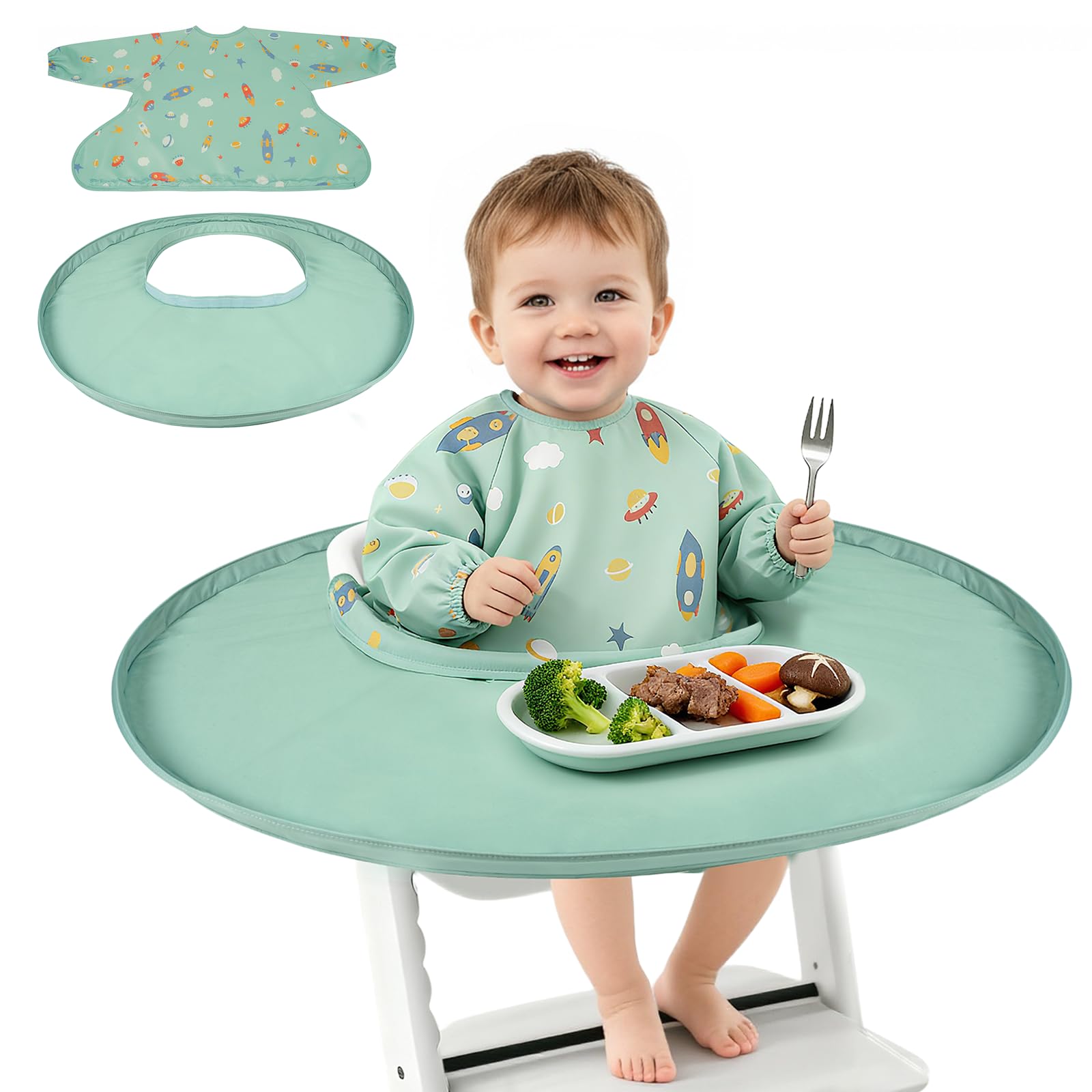 RICHER HOUSE coverall bib in green with long sleeves shields clothing during meals