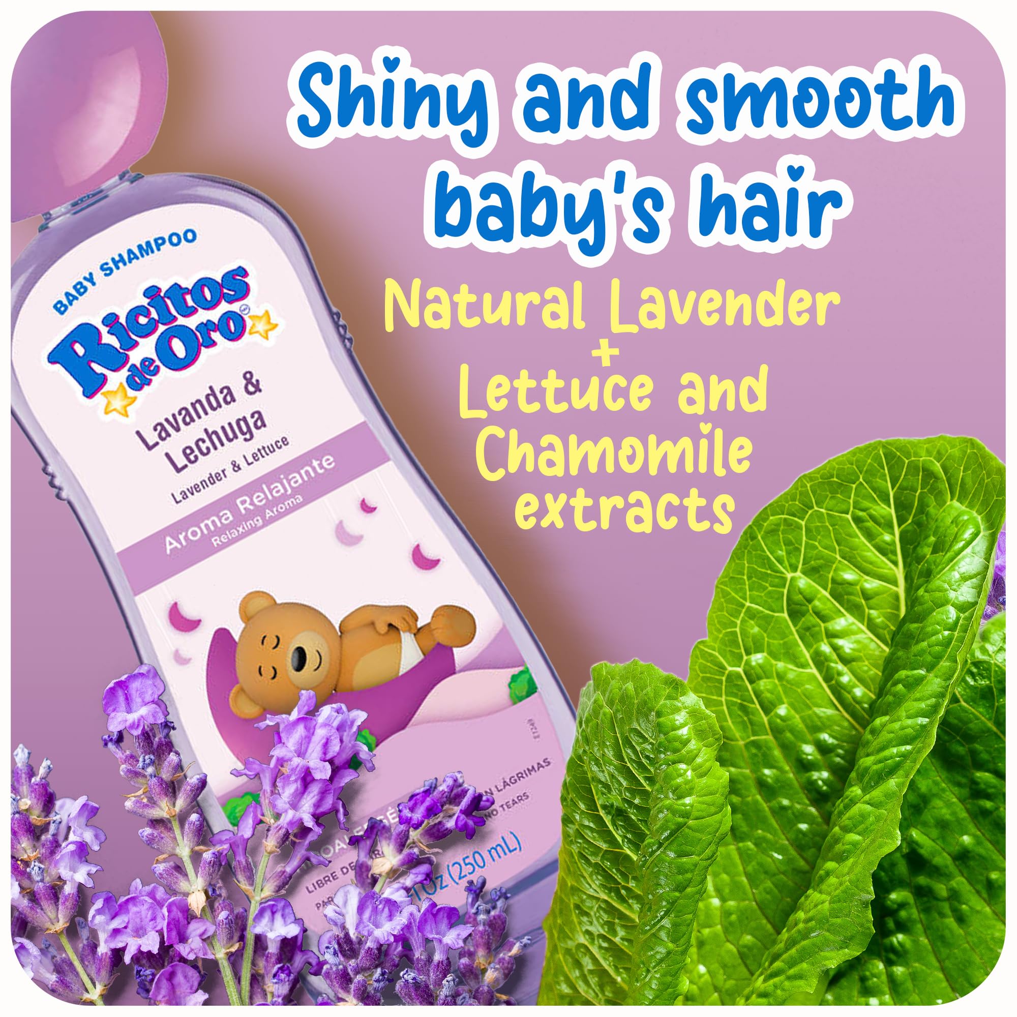 Ricitos de Oro lavender shampoo bottle conveying hypoallergenic, gentle formula