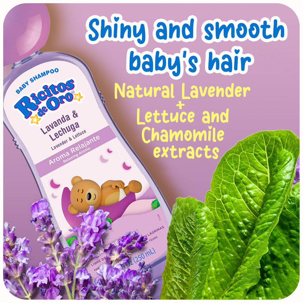 Ricitos de Oro lavender shampoo bottle conveying hypoallergenic, gentle formula