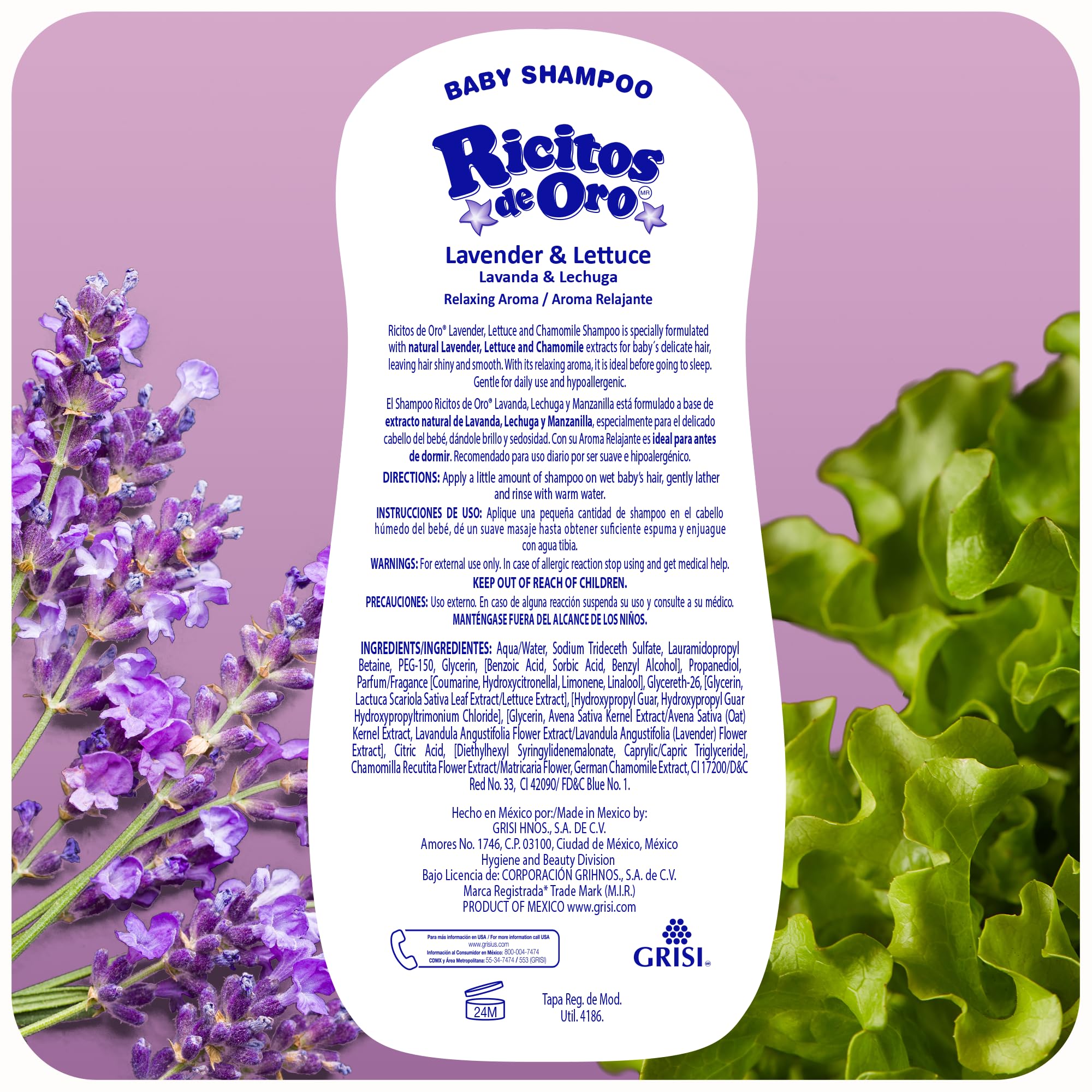 Ricitos de Oro lavender shampoo ingredients highlight lavender, chamomile, lettuce