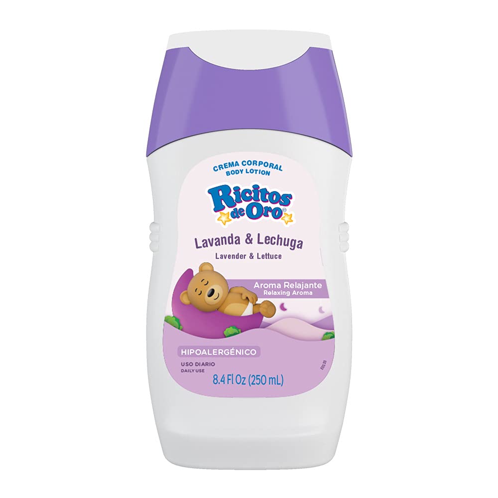 Ricitos de Oro Lavender & Lettuce Body Lotion bottle showing calming bedtime support.