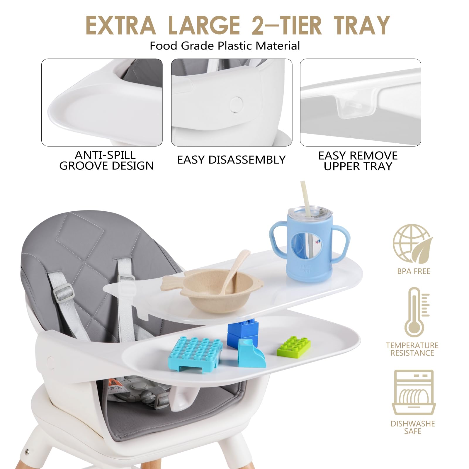 RICUTON wooden high chair with beech legs and smooth PU seat for comfortable meals