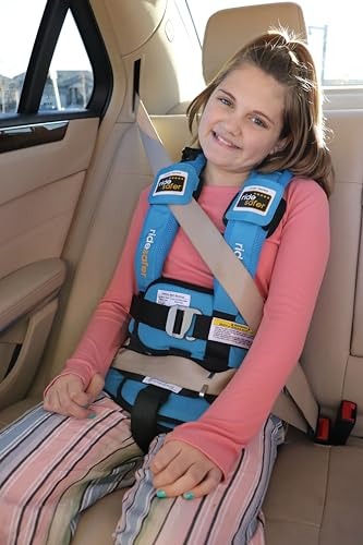 RideSafer blue vest installed in car seat for secure travel