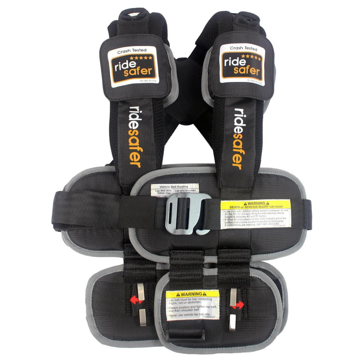 RideSafer Large Black vest closed—compact travel restraint for families