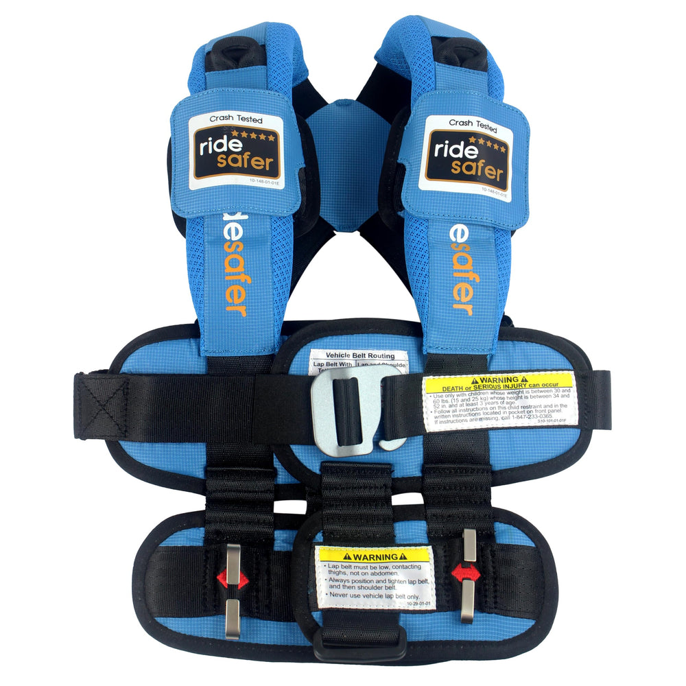 RideSafer Large Blue vest worn in car for safer belt fit.
