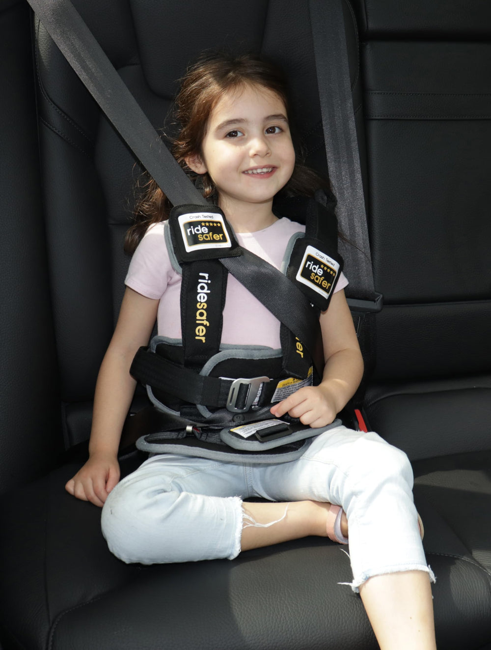 RideSafer three-children-in-row setup saves back seat space