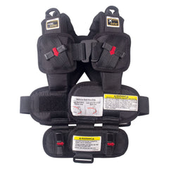 RideSafer XS black vest front view highlighting a compact, travel-friendly toddler restraint.