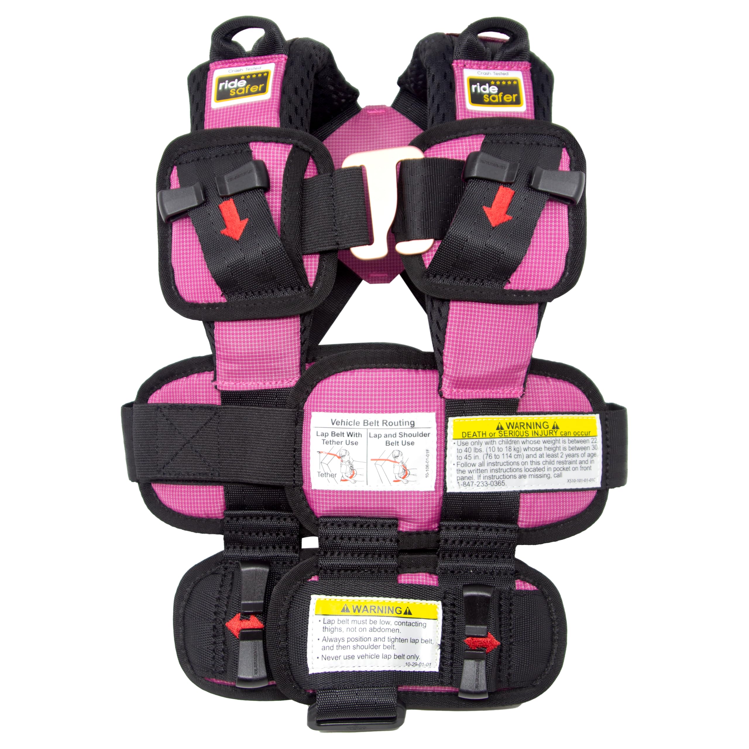 RideSafer XS pink vest in car seat for secure travel