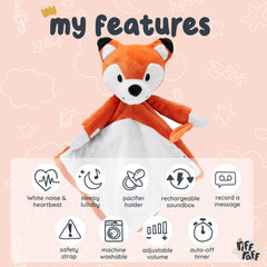 Riff Raff fox plush in crib scene for nighttime comfort