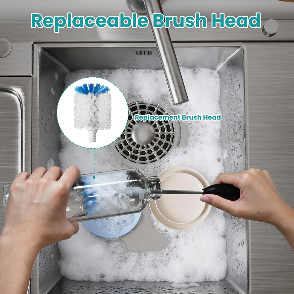 RIMAY refill head cleans bottles, glassware, and mugs with soft-bristle care.