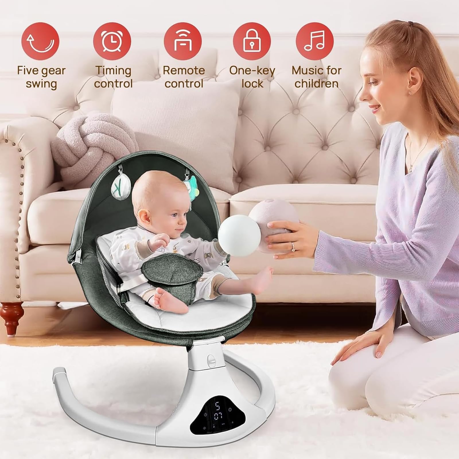 RIVIPLOU swing's 3-point harness keeps baby secure during gentle rocking.
