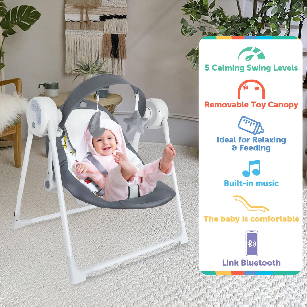 RIVIPLOU adaptive-radius swing adjusts with baby weight for a comfortable, smooth ride.