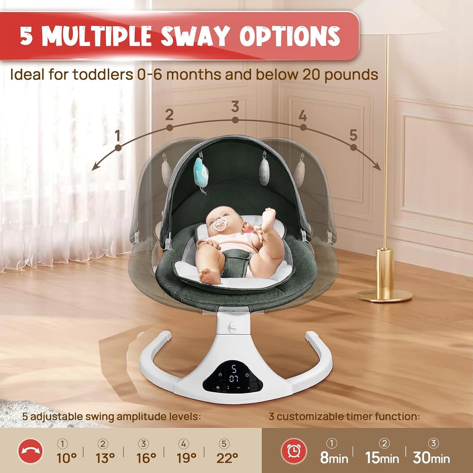 RIVIPLOU baby swing with Bluetooth lullabies lets music move with your phone.