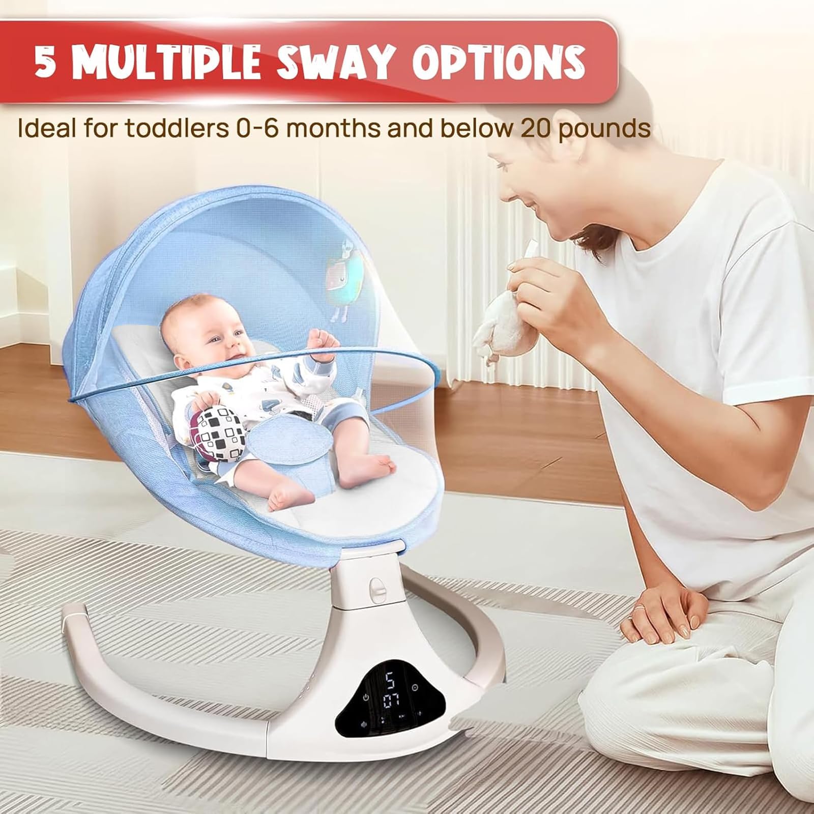 RIVIPLOU baby swing mosquito net and breathable seat ensure safe, airy comfort.