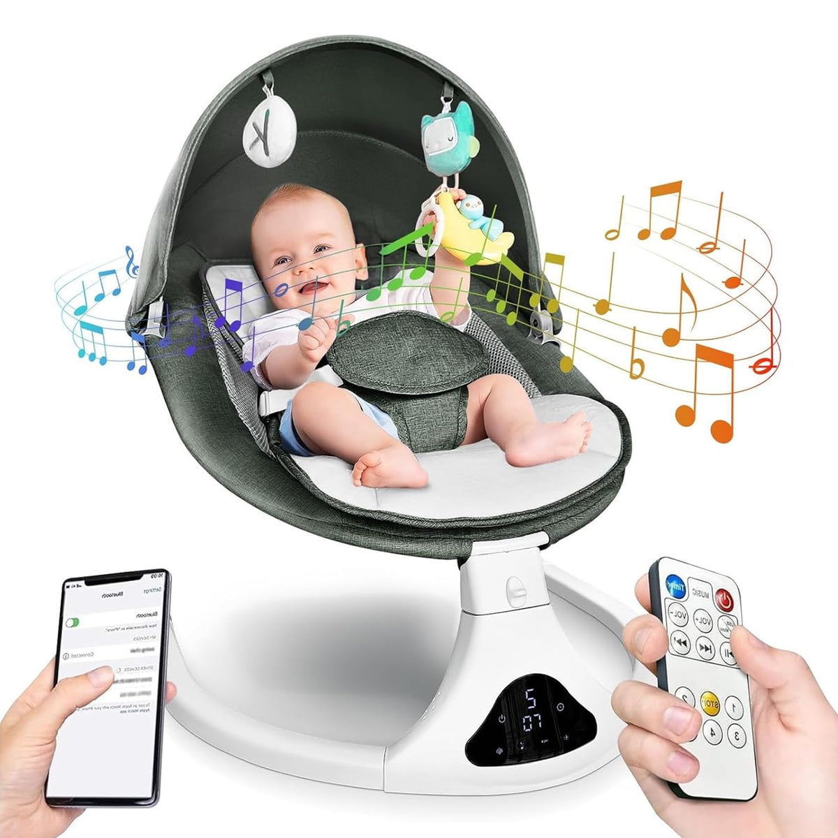 RIVIPLOU Baby Swing with remote control for easy one-handed adjustments and soothing motions.
