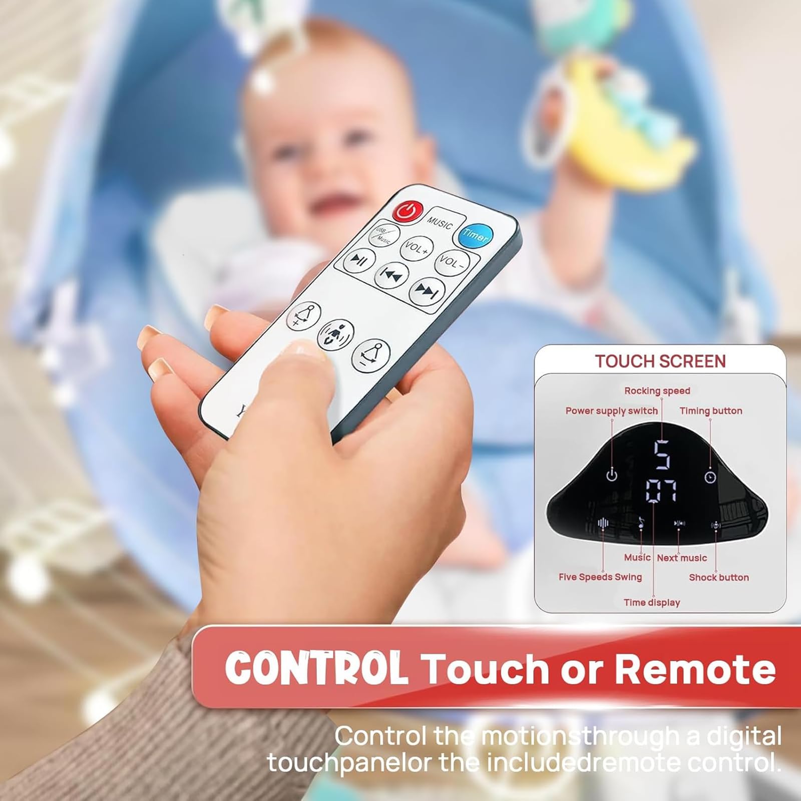 RIVIPLOU baby swing cloud-soft cushion and 3-point harness provide secure support.