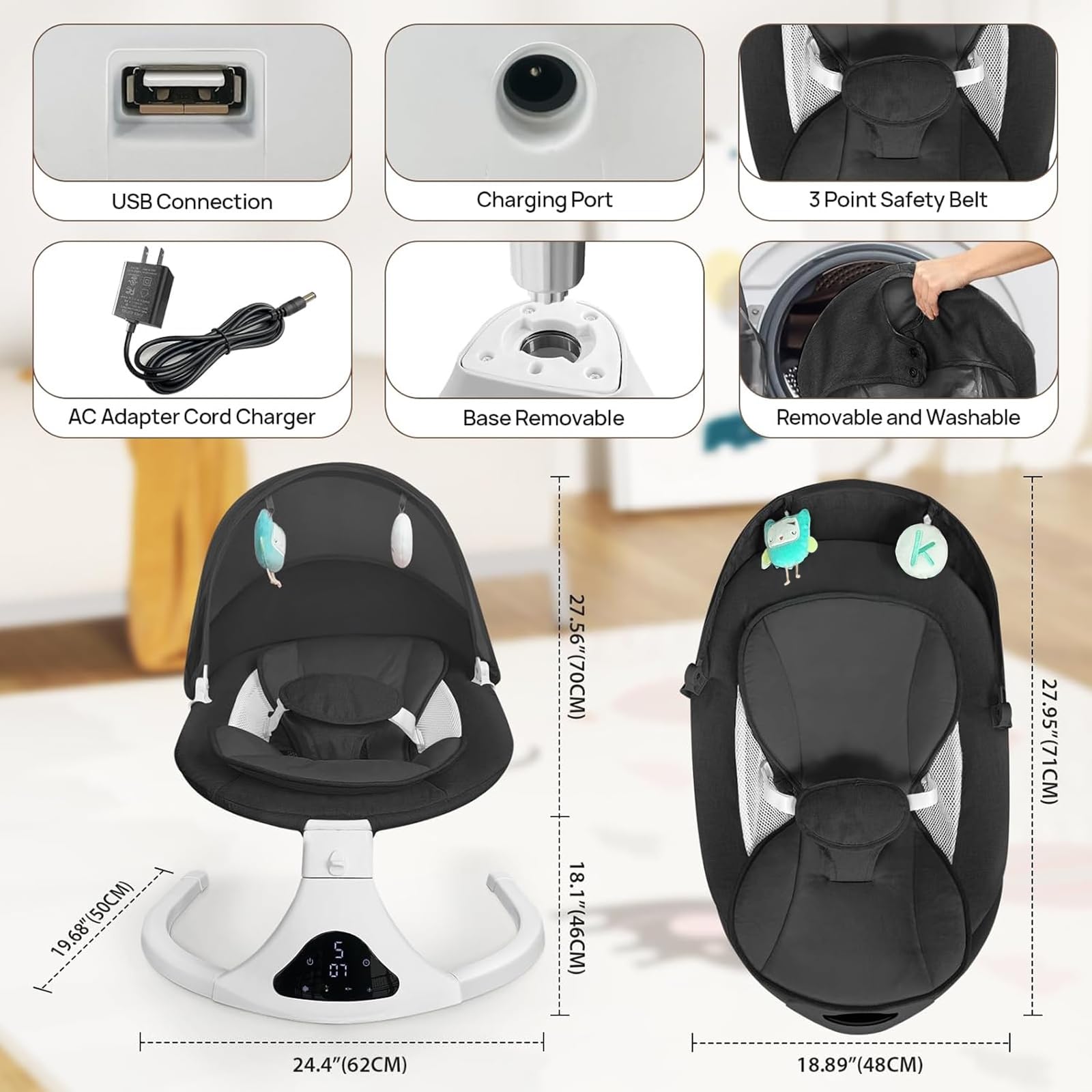 RIVIPLOU black design baby swing looks sleek and family-friendly.