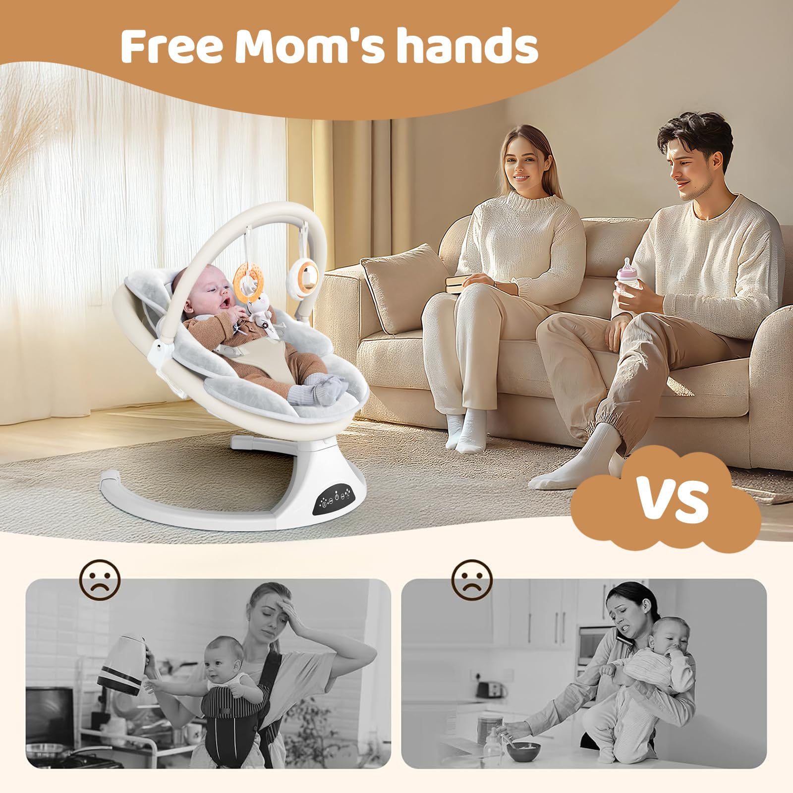 RIVIPLOU baby swing showing five speed settings for customizable comfort.