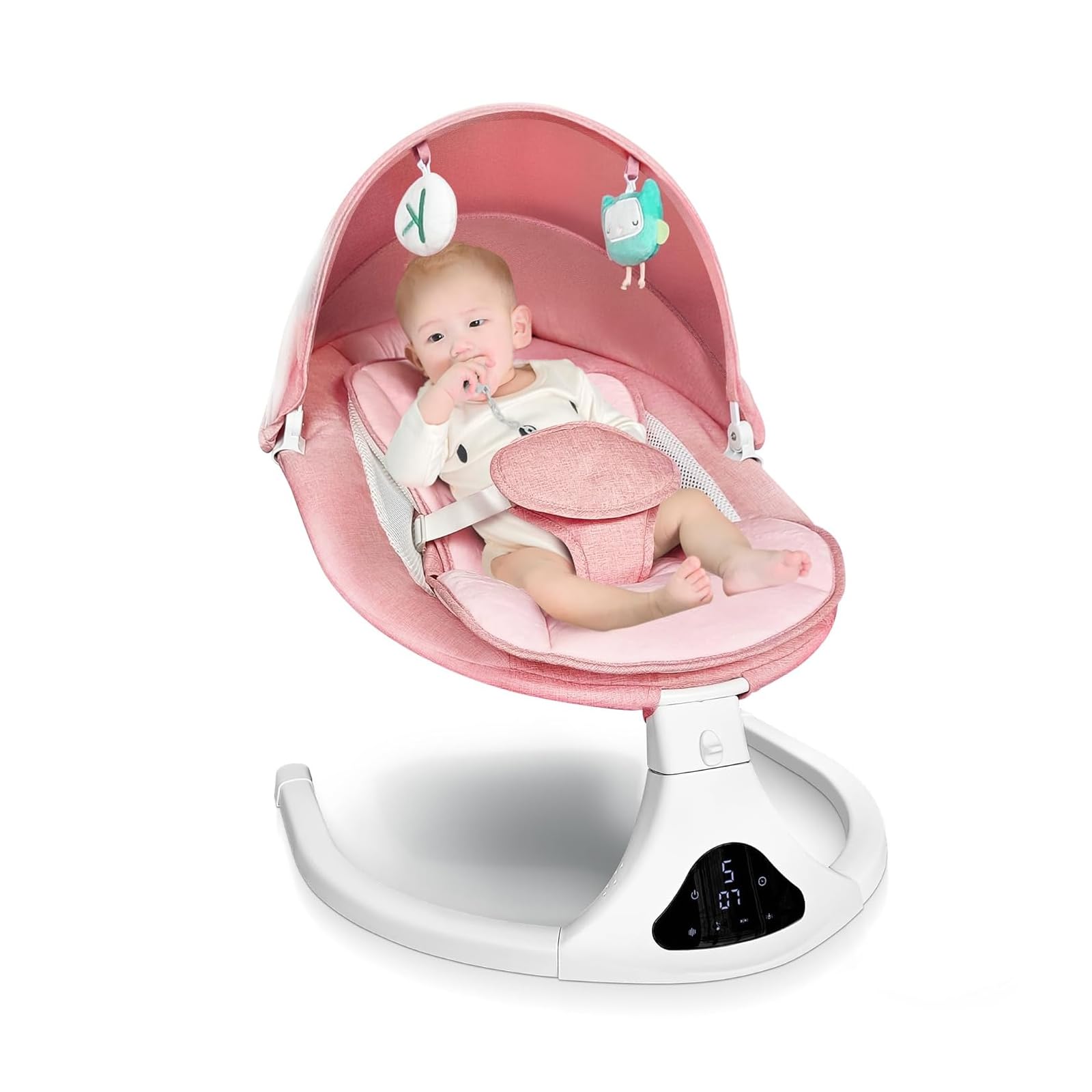 RIVIPLOU electric baby swing pink side view for soothing motion and compact storage.