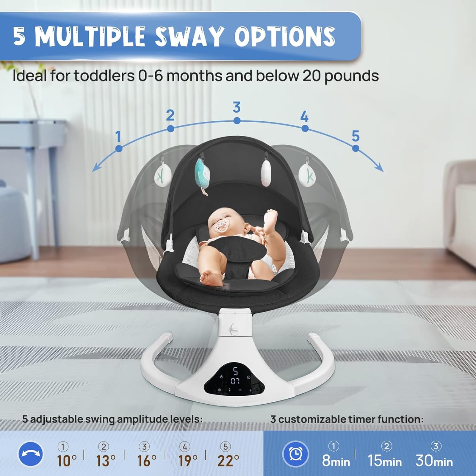 RIVIPLOU five-speed swing lets you tailor rhythm to baby’s cues.