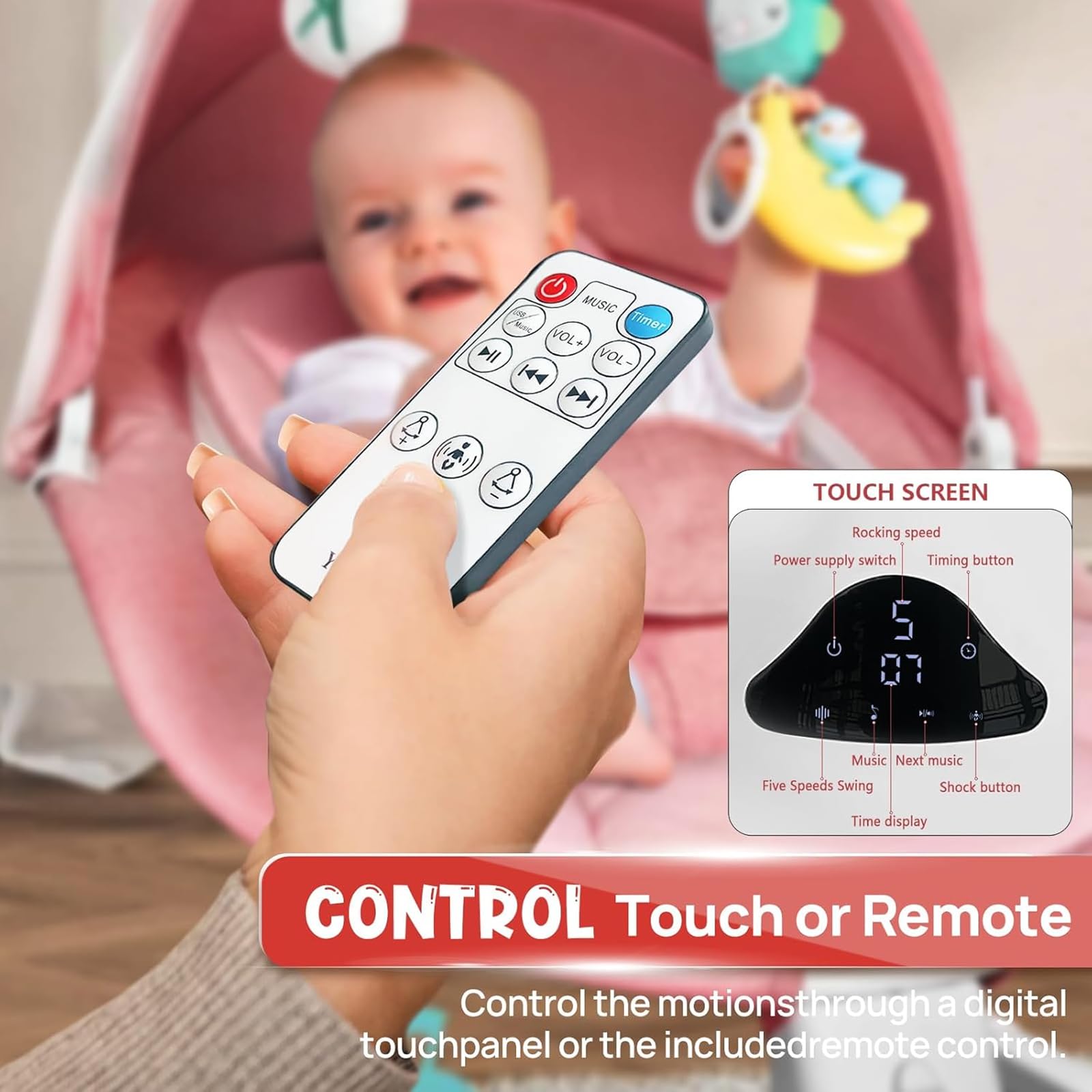 RIVIPLOU music speaker delivers lullabies for a quiet, soothing rocking session.