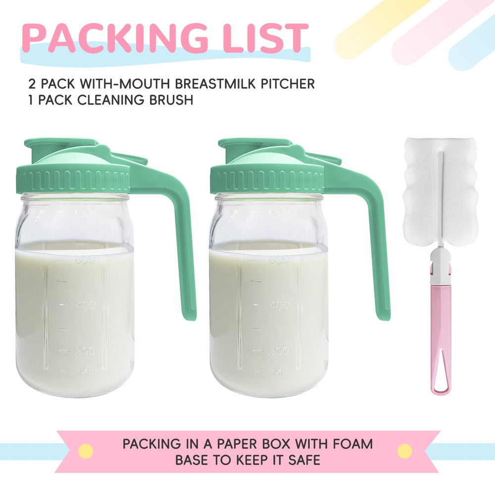 Riznpo wide-mouth 86mm breast milk pitcher for easy pouring.