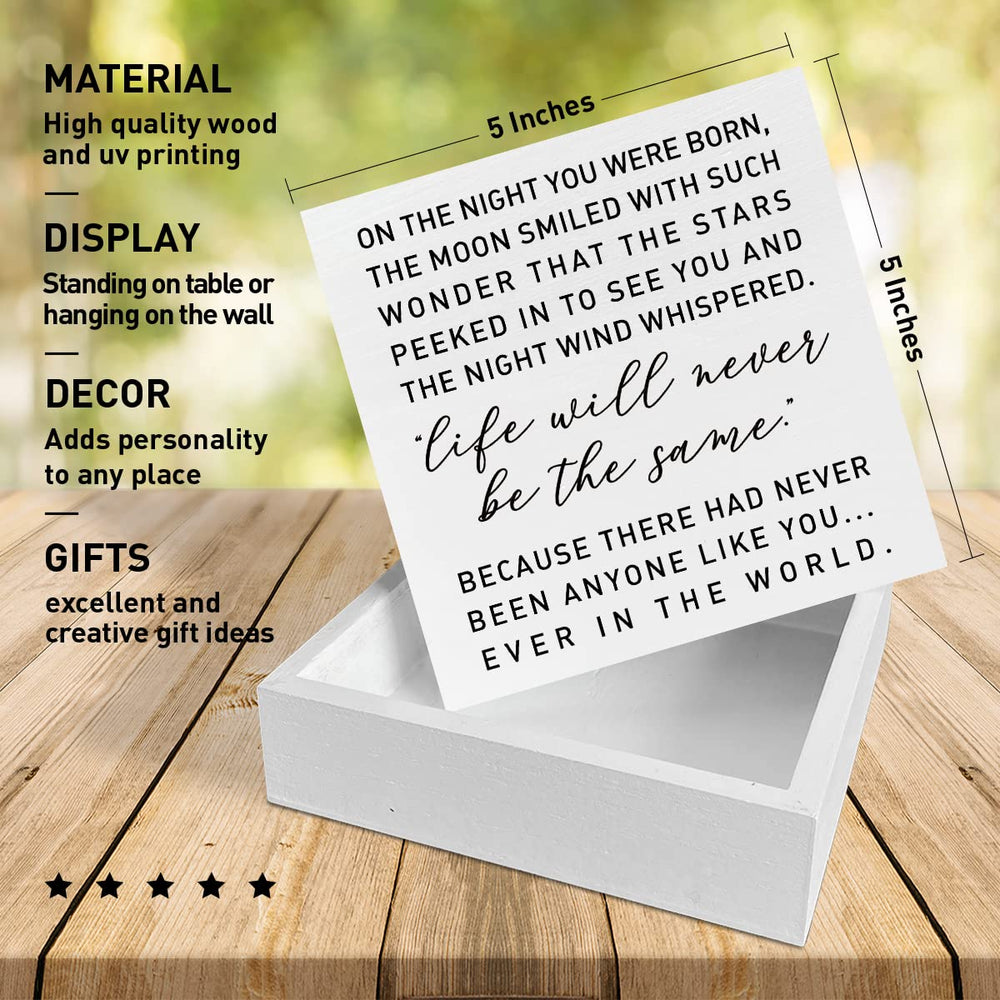 RJYMK wooden box sign with standing or hanging display enhances a cozy nursery.