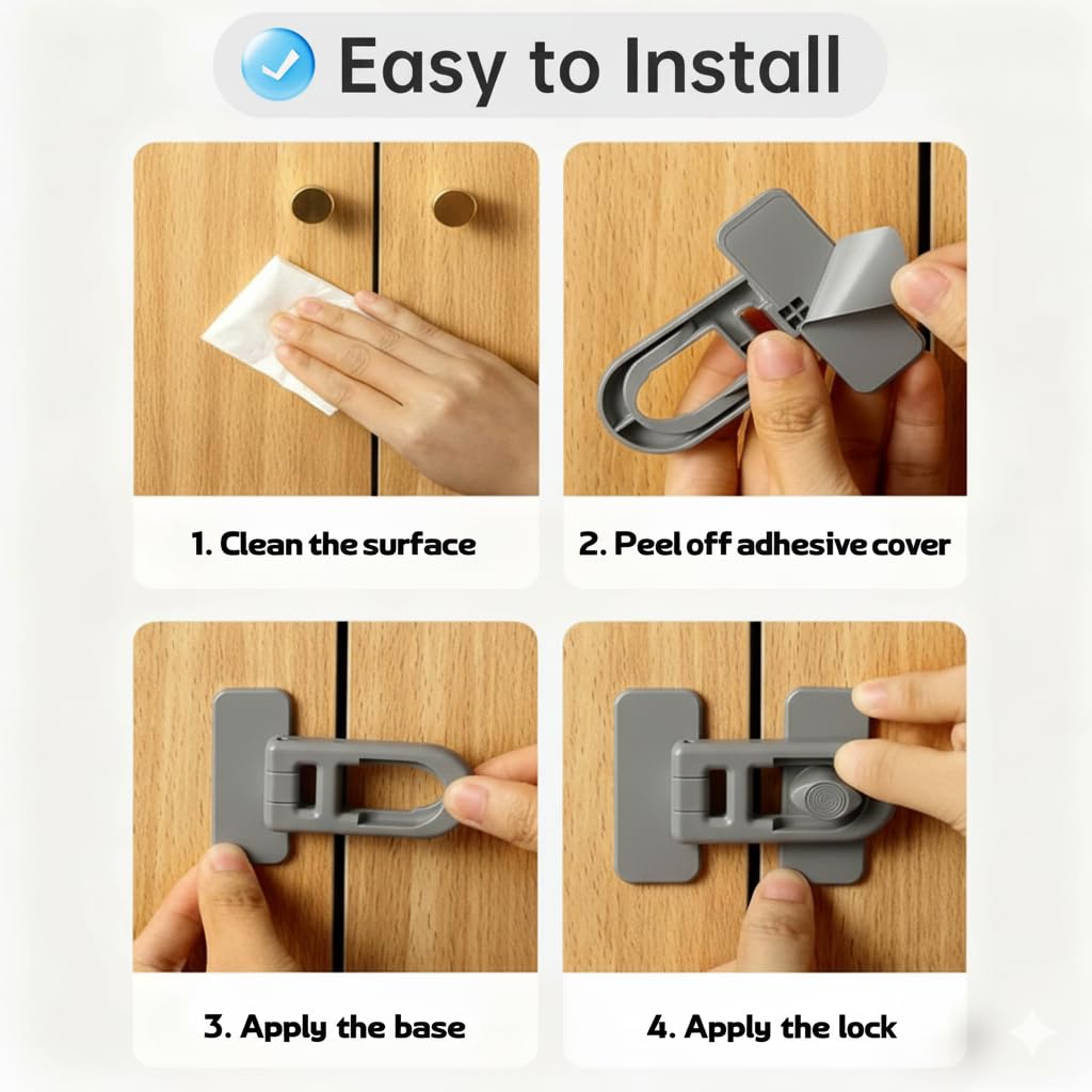 ROAESTKE easy-install locks show peel-and-stick setup for quick kitchen safety.