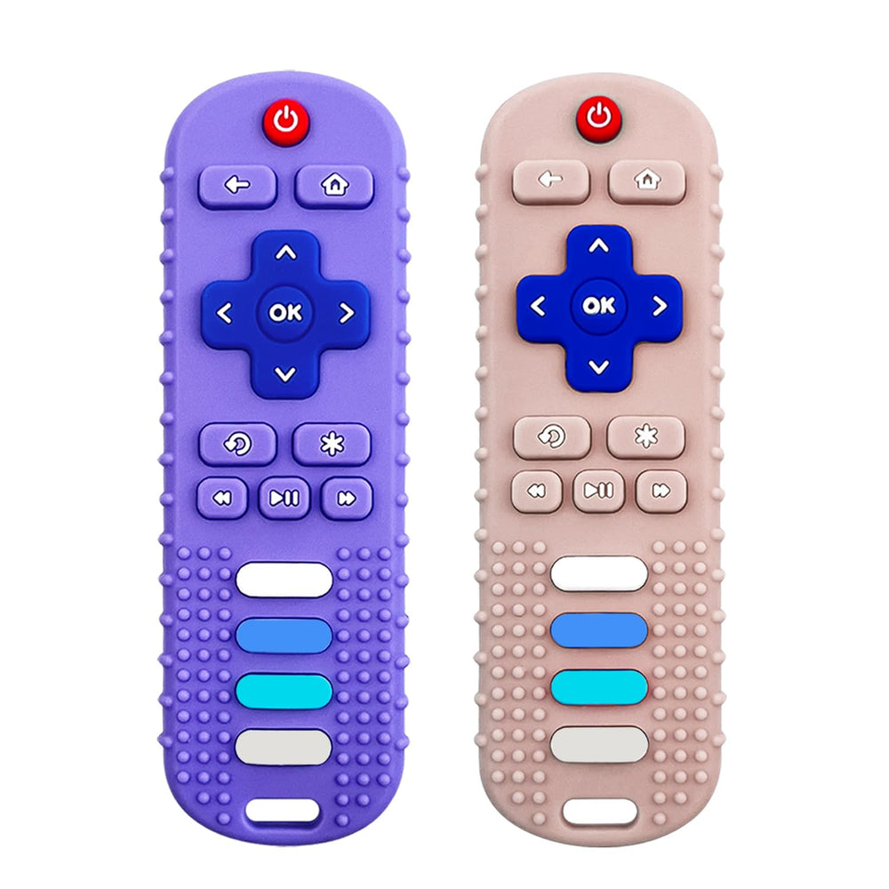 ROBBEAR remote-shaped teether in purple to soothe teething gums.