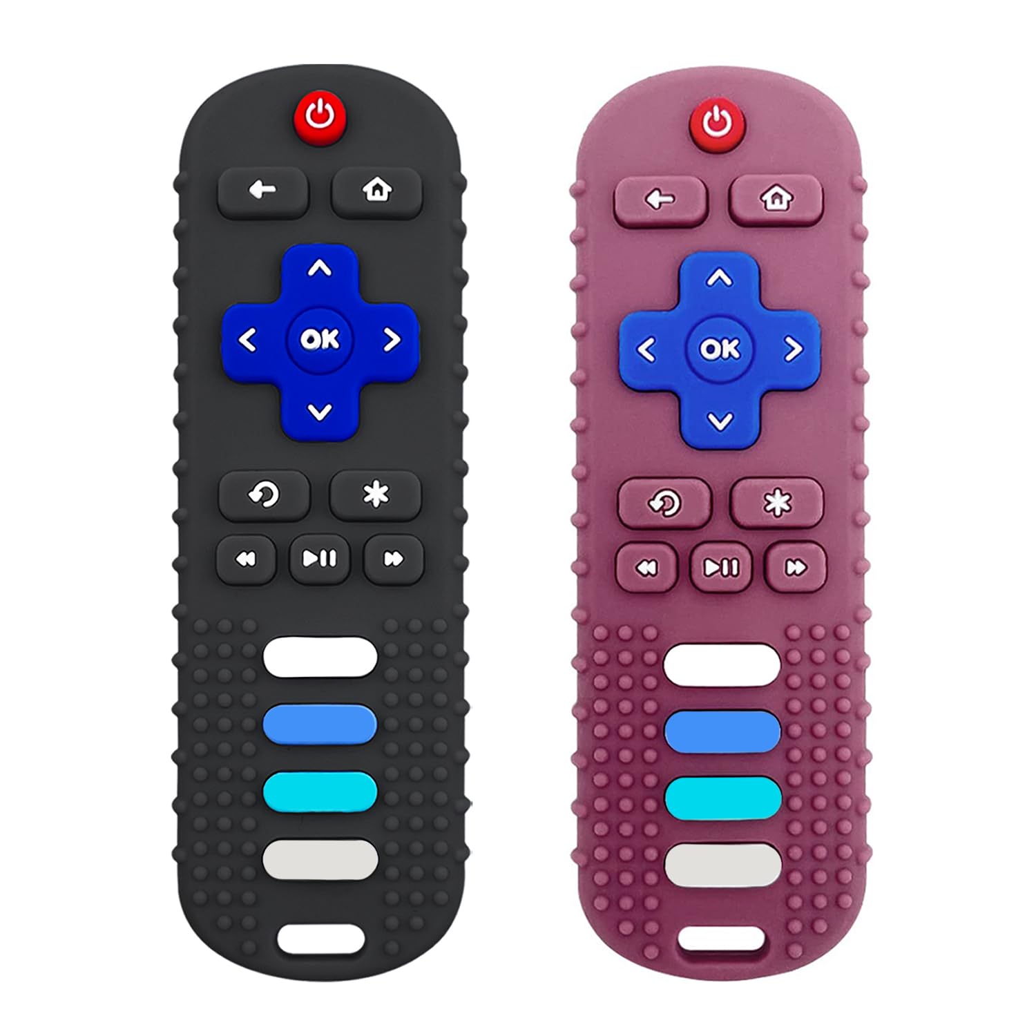ROBBEAR teething toy remote shape provides safe chewing for soothing gums.
