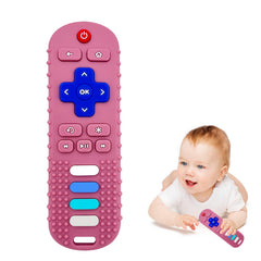 ROBBEAR TV remote teether in pink RC aids teething with safe silicone.