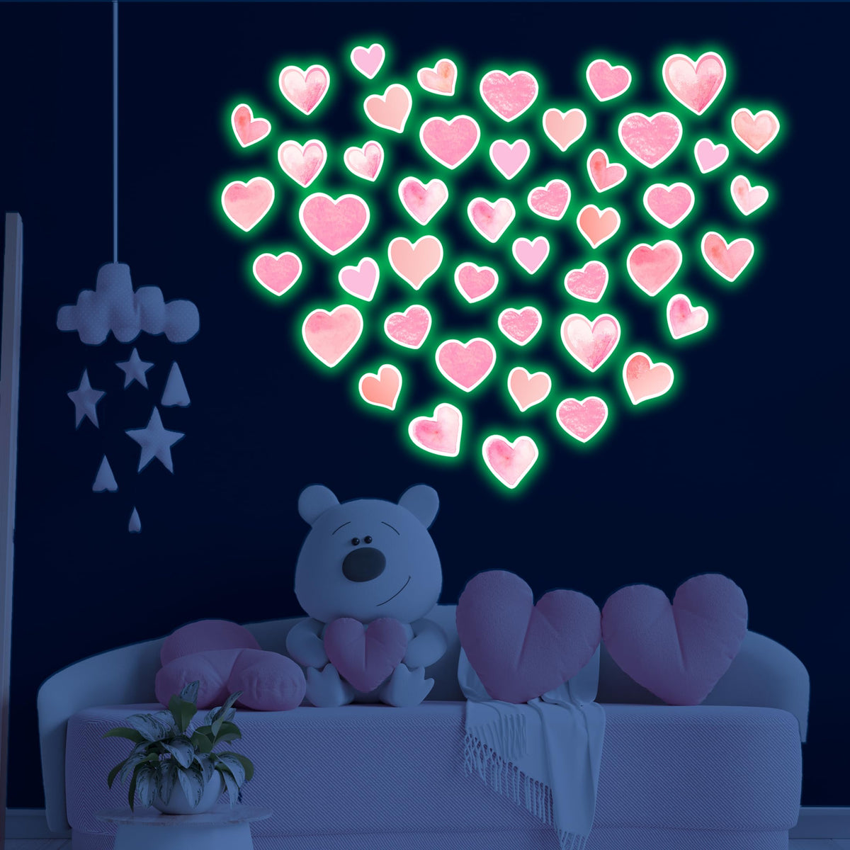Robmoda 42-pcs pink heart stickers glow in the dark for magical walls and sweet dreams.