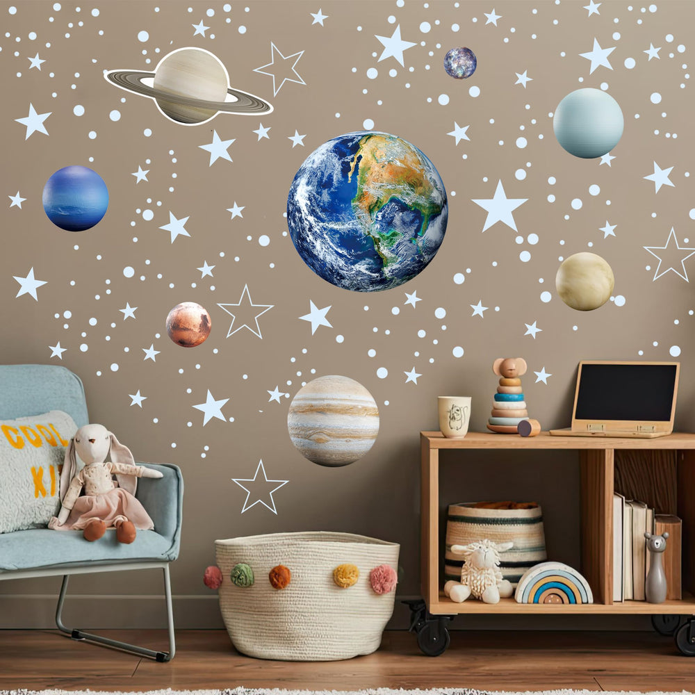 Robmoda earth planet decal in blue anchors the room's space scene
