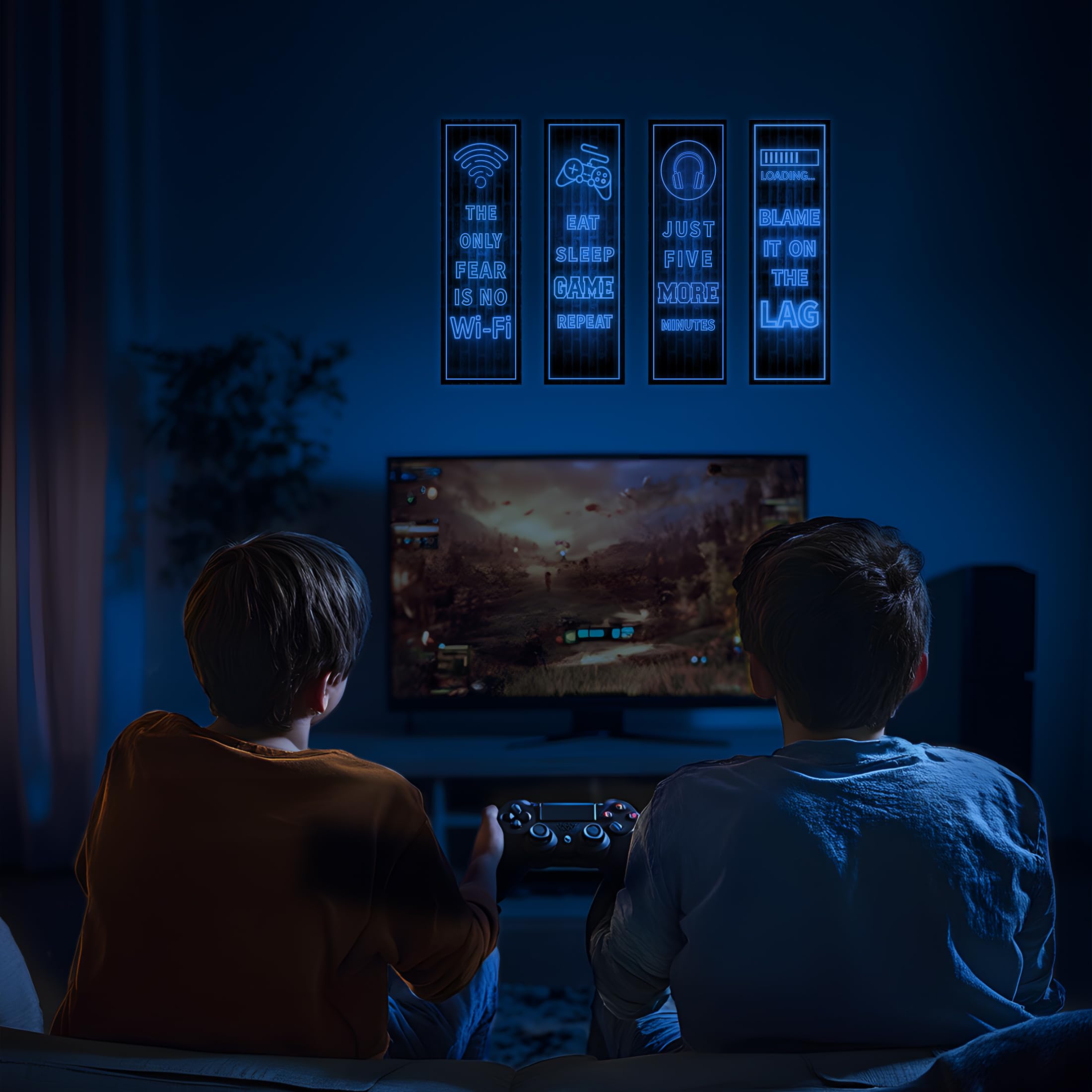 Robmoda Eat Sleep Game glow closeup shows luminous details for night-time ambience