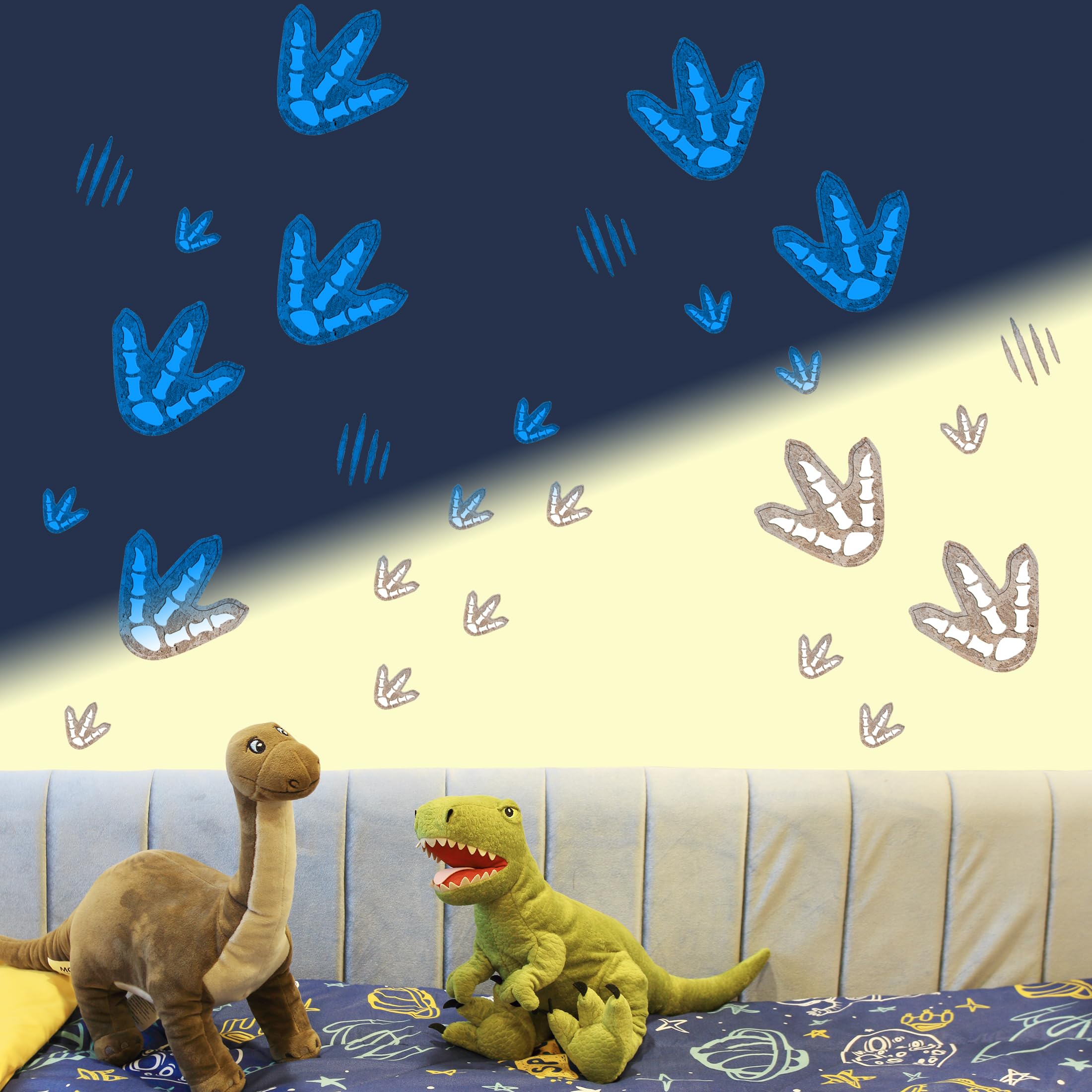 Robmoda glow dinosaur footprints blue sheet shows luminous footprint designs for a dreamy nursery