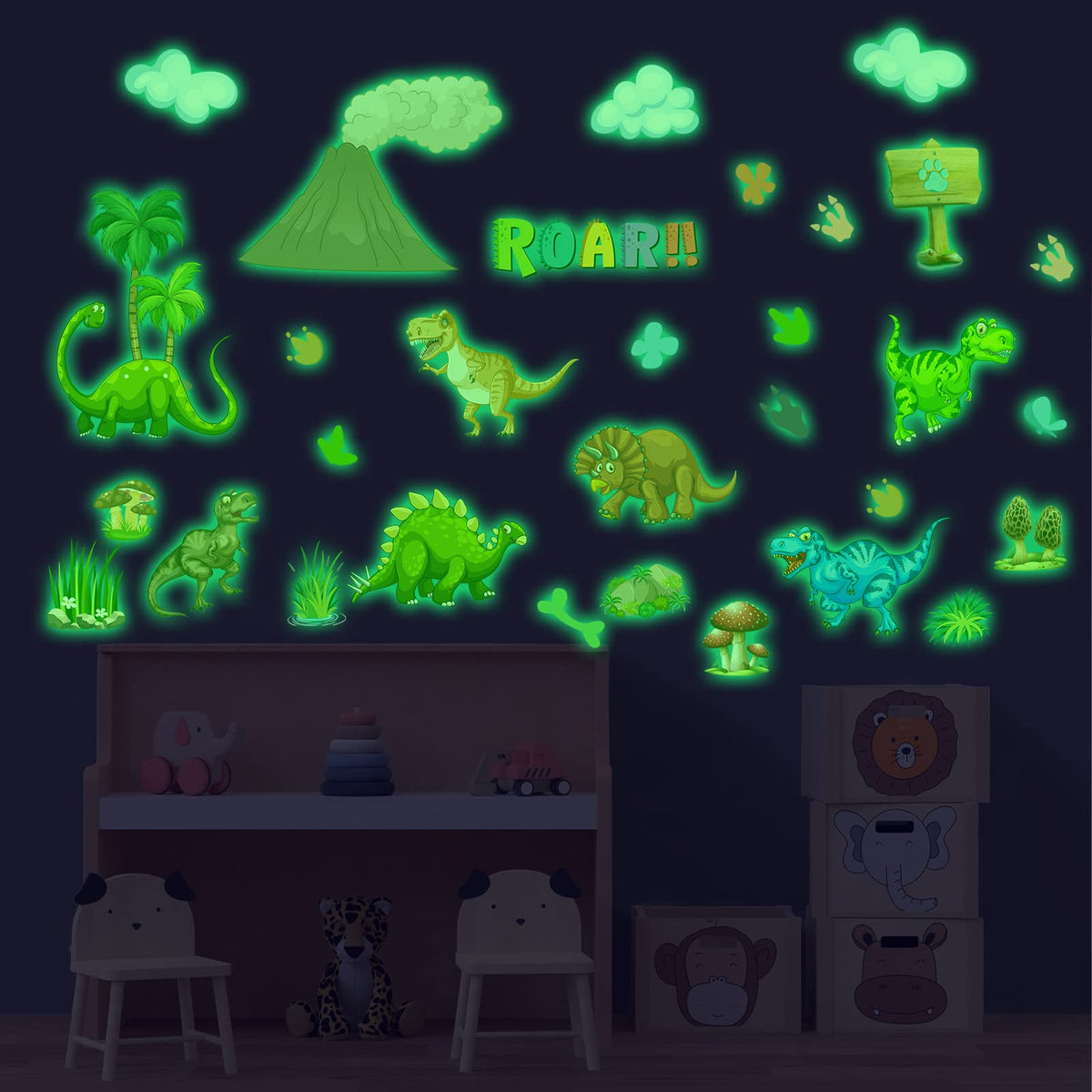 Robmoda glow dinosaur wall decal package glows at night, enhancing nighttime ambiance for nurseries.