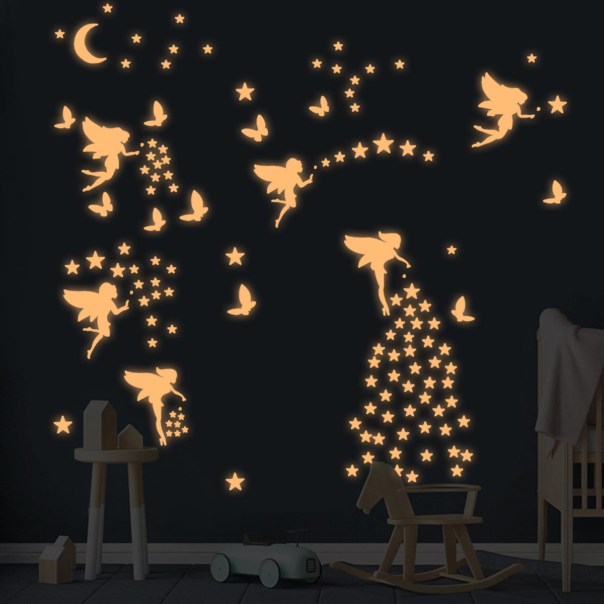 Robmoda glow fairy wall decal pink on ceiling for gentle bedtime glow.