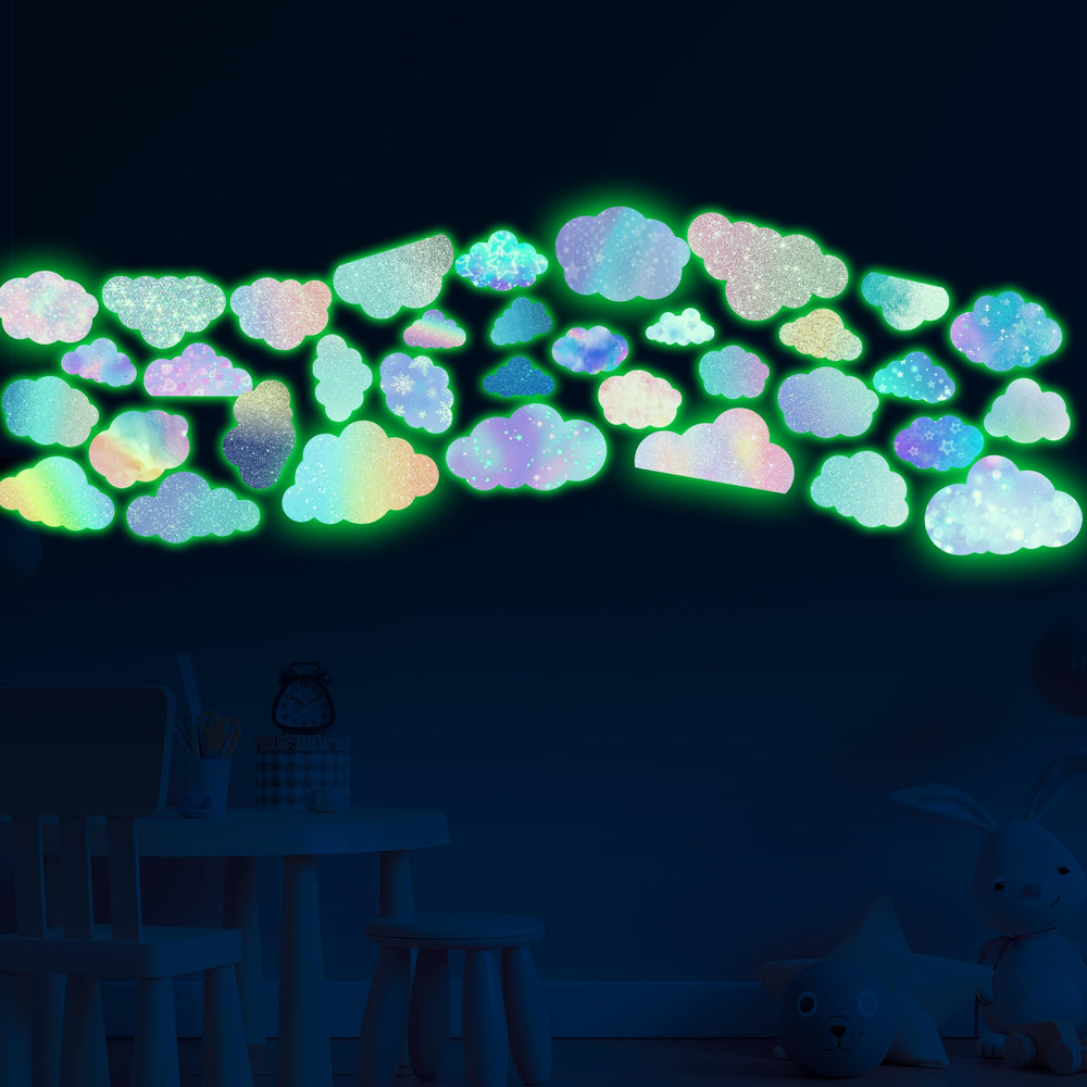 Robmoda glow-colorful-clouds wall stickers sheet 2 enhance playroom walls with shimmering rainbow decor.